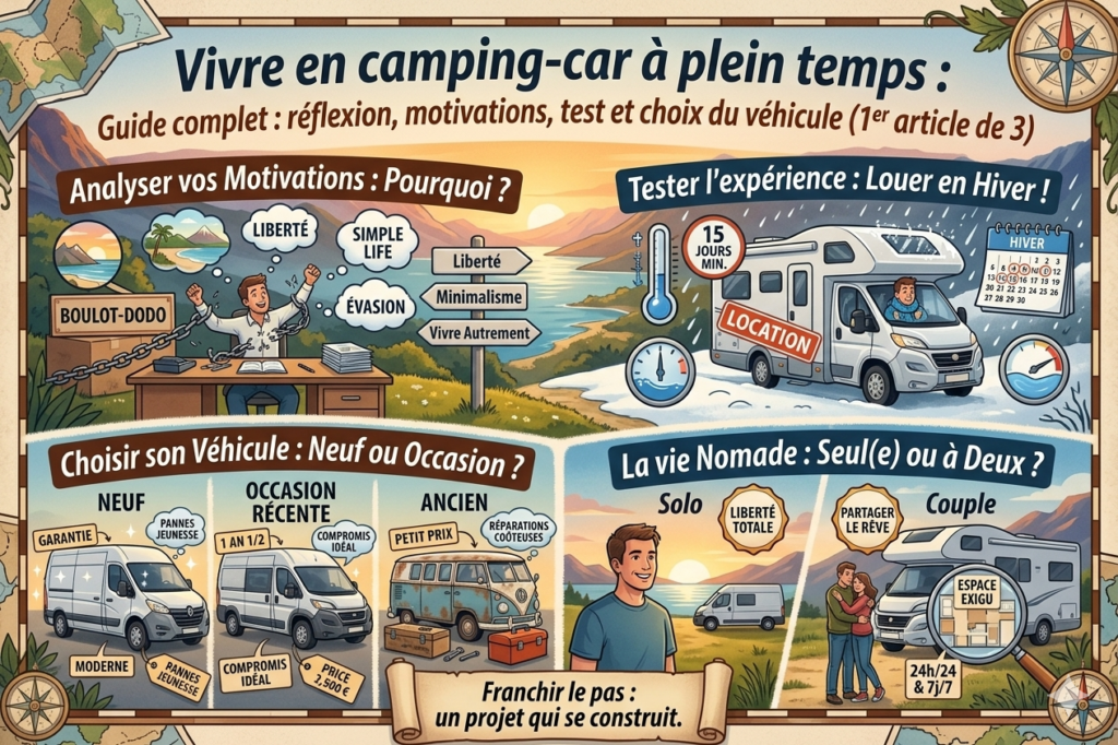 Vivre en camping-car à plein temps : conseils pour bien débuter, motivations, test de la vie nomade et critères pour choisir son camping-car ou fourgon aménagé