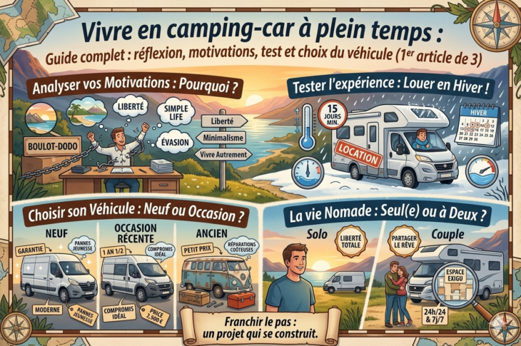 Vivre en camping-car à plein temps : conseils pour bien débuter, motivations, test de la vie nomade et critères pour choisir son camping-car ou fourgon aménagé
