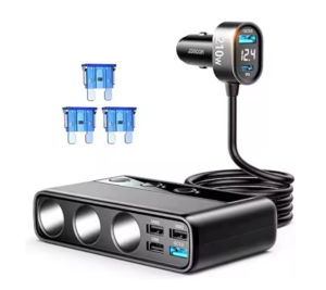 Adaptateur allume-cigare 3 prises avec interrupteurs indépendants USB-C PD et affichage de tension, fixé sur paroi de camping-car via velcro adhésif