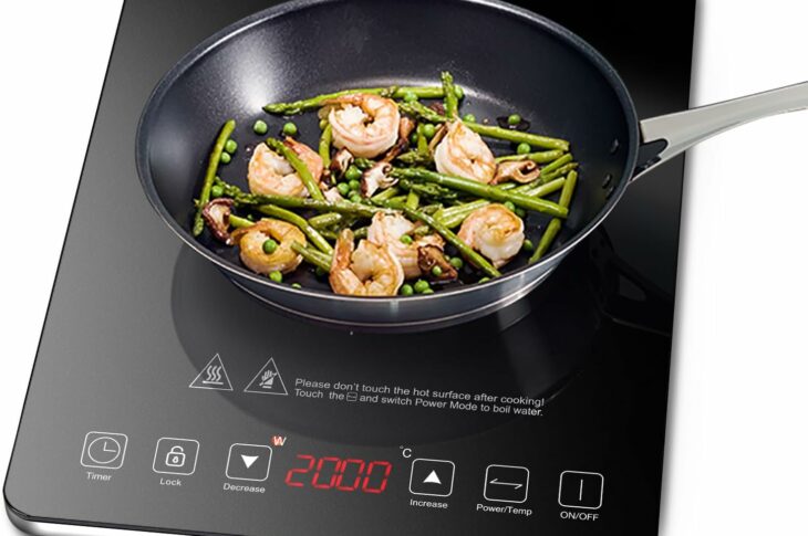 Plaque à induction portable AMZCHEF 2000W posée sur le plan de travail d'un camping-car